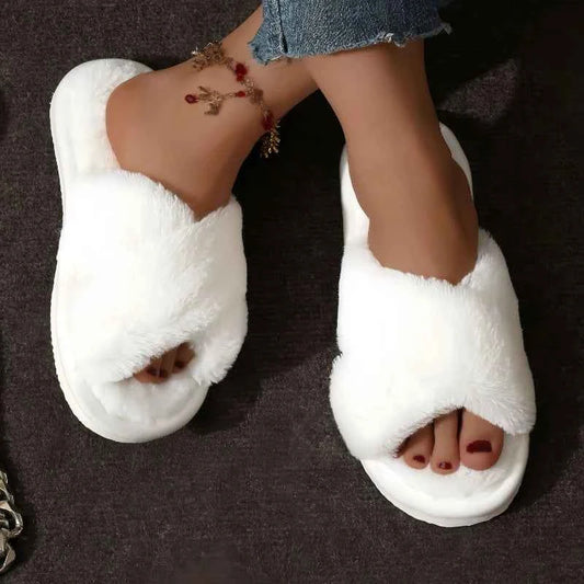 Cross Strap Faux Fur Slippers – Cozy Plush Home Comfort