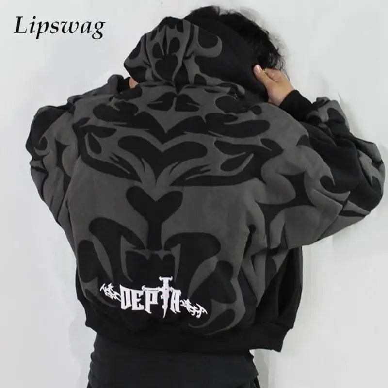 Sudadera con capucha Lipswag Geometric Zip – Sudadera casual con capucha urbana Y2K para hombre