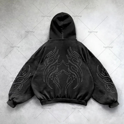 Gothic Punk Oversized Zip Hoodie – Y2K Harajuku Streetwear Sweatshirt for Men