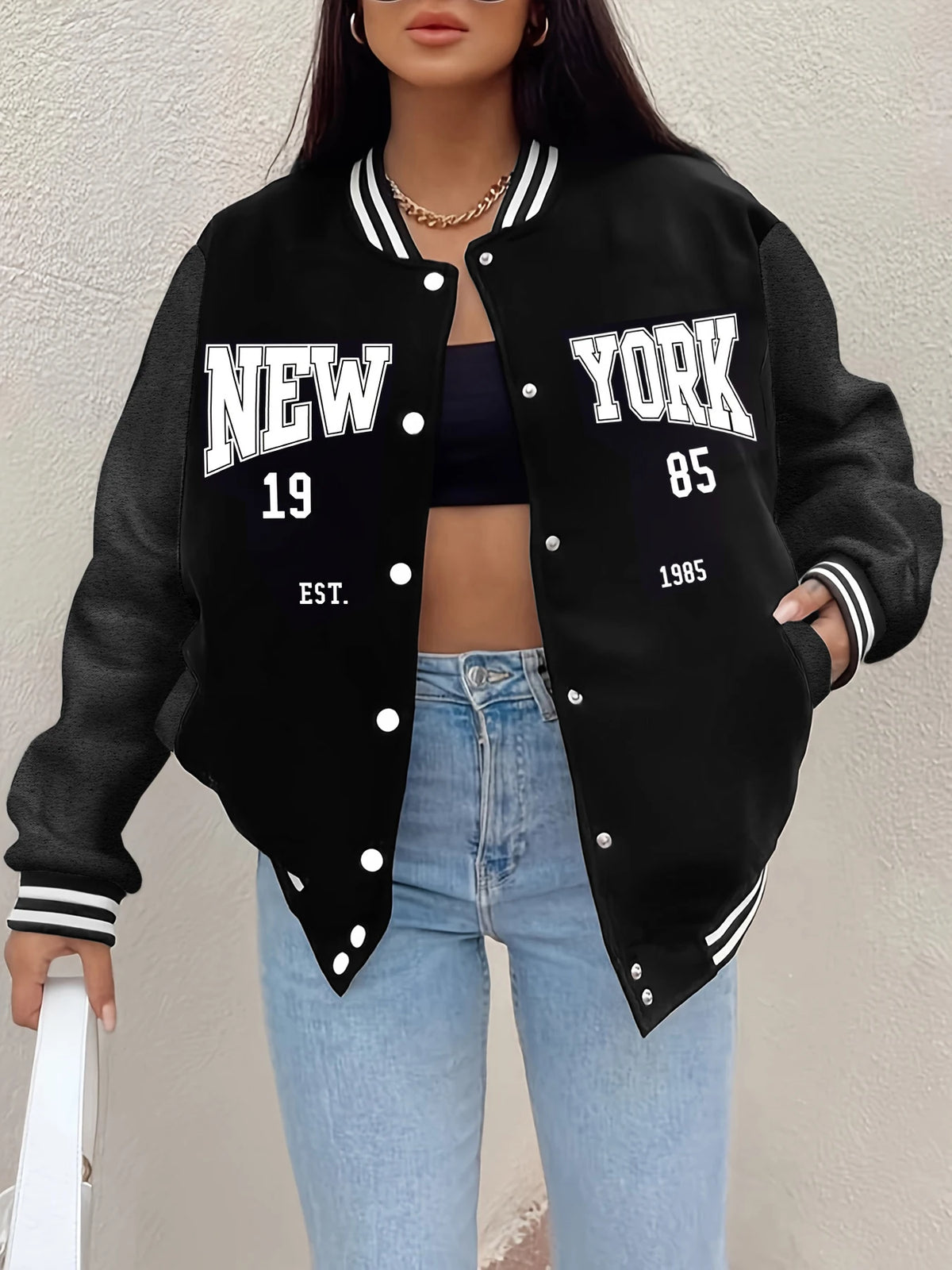 Loom & Soul « New York 1985 » Veste de baseball pour femme – Manteau streetwear hip-hop