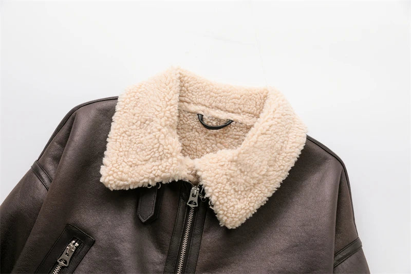 Loom & Soul Veste imitation peau lainée – Manteau d'hiver chaud ceinturé de style vintage pour femme