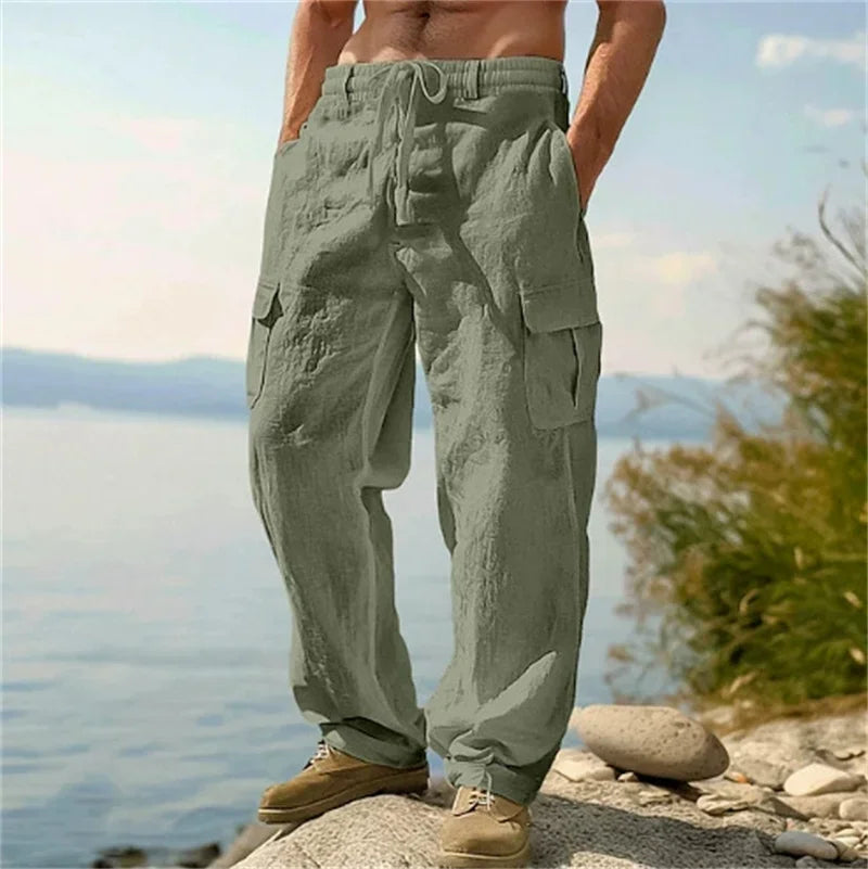 Pantalon cargo ample en coton et lin pour homme Loom & Soul – Pantalon de plage décontracté