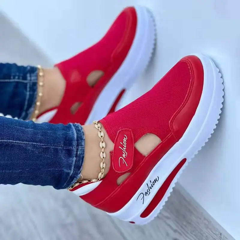KTCZ™ Mesh Air Wedge Sneakers – Women’s Breathable Canvas Platform Shoes | Red & Blue Designer Tennis Shoes with Hook & Loop Closure