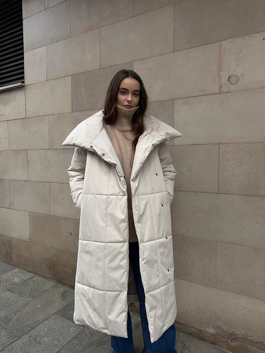 Manteau d'hiver à grand revers Loom & Soul™ pour femme – Longue veste matelassée en coton chaud avec ceinture et poches