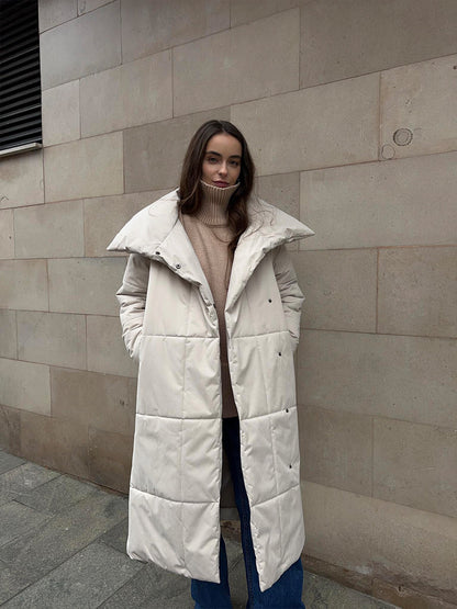 Manteau d'hiver à grand revers Loom & Soul™ pour femme – Longue veste matelassée en coton chaud avec ceinture et poches