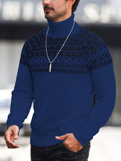 Men’s Geometric Turtleneck Sweater – Casual Knit Pullover for Fall & Winter