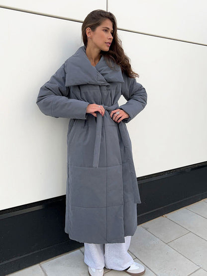 Manteau d'hiver à grand revers Loom & Soul™ pour femme – Longue veste matelassée en coton chaud avec ceinture et poches