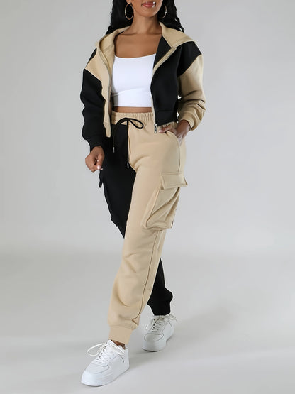 Colorblock Hooded Jacket & Cargo Pants Set – Women’s Zip-Up Two-Piece