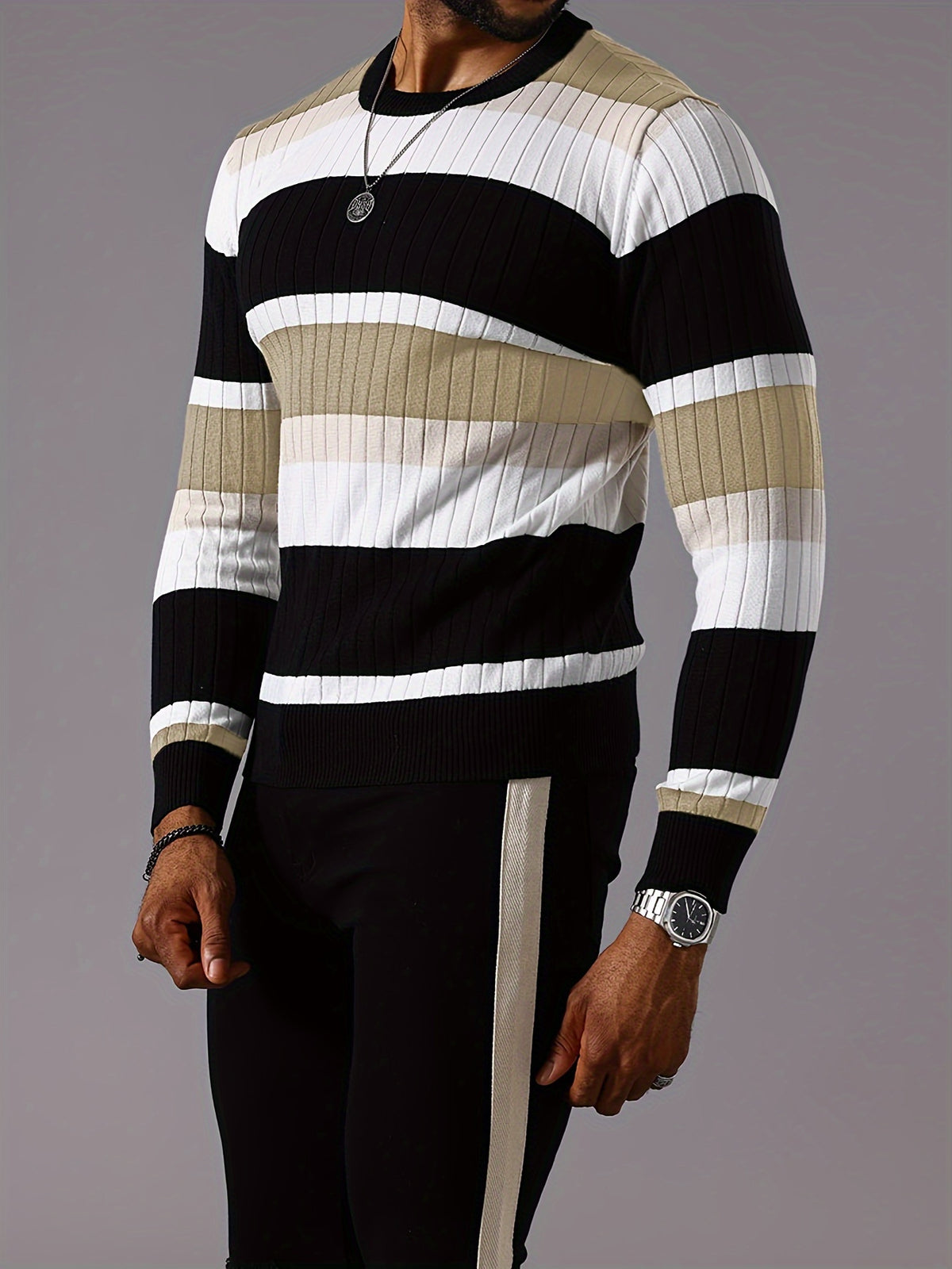 Men’s Striped Ribbed Knit Sweater – Color-Block Fall Winter Pullover