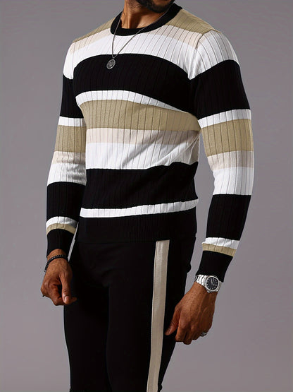 Men’s Striped Ribbed Knit Sweater – Color-Block Fall Winter Pullover