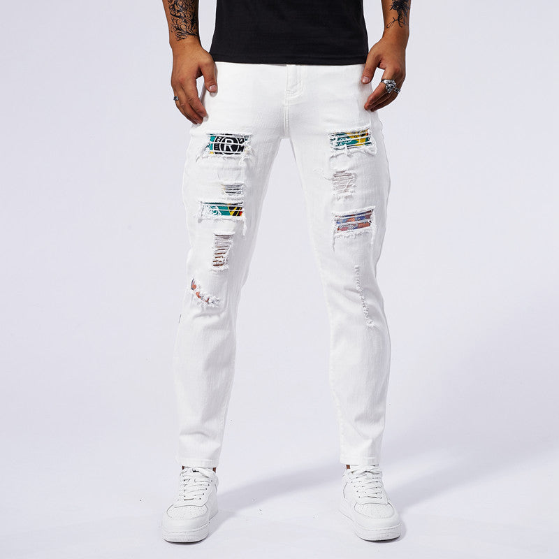 Loom & Soul™ Jeans Lavados con Parches – Pantalones de Mezclilla Blancos Ajustados para Hombre