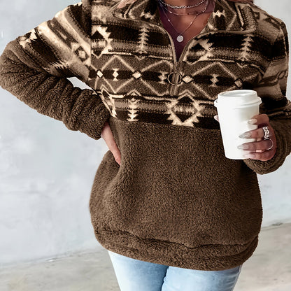 Sweat-shirt Teddy à motif géométrique – Pull polaire demi-zippé pour l'automne et l'hiver