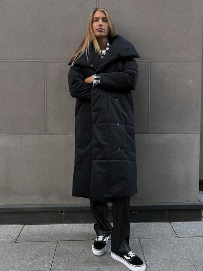 Manteau d'hiver à grand revers Loom & Soul™ pour femme – Longue veste matelassée en coton chaud avec ceinture et poches