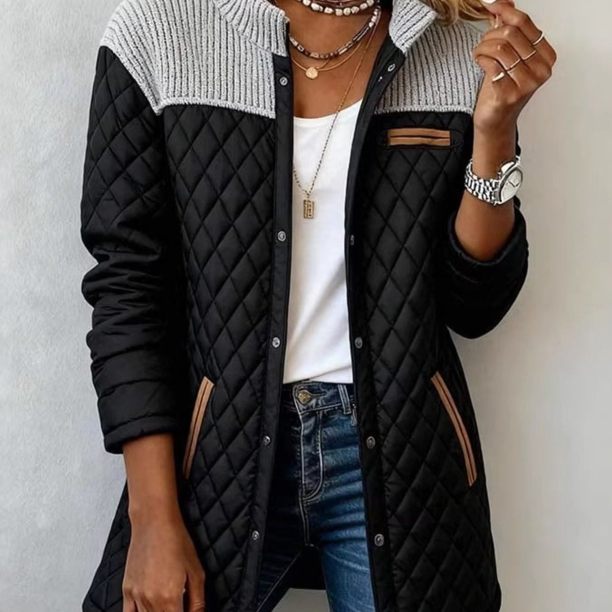 Veste en maille patchwork pour femme avec poches – Coupe longue élégante