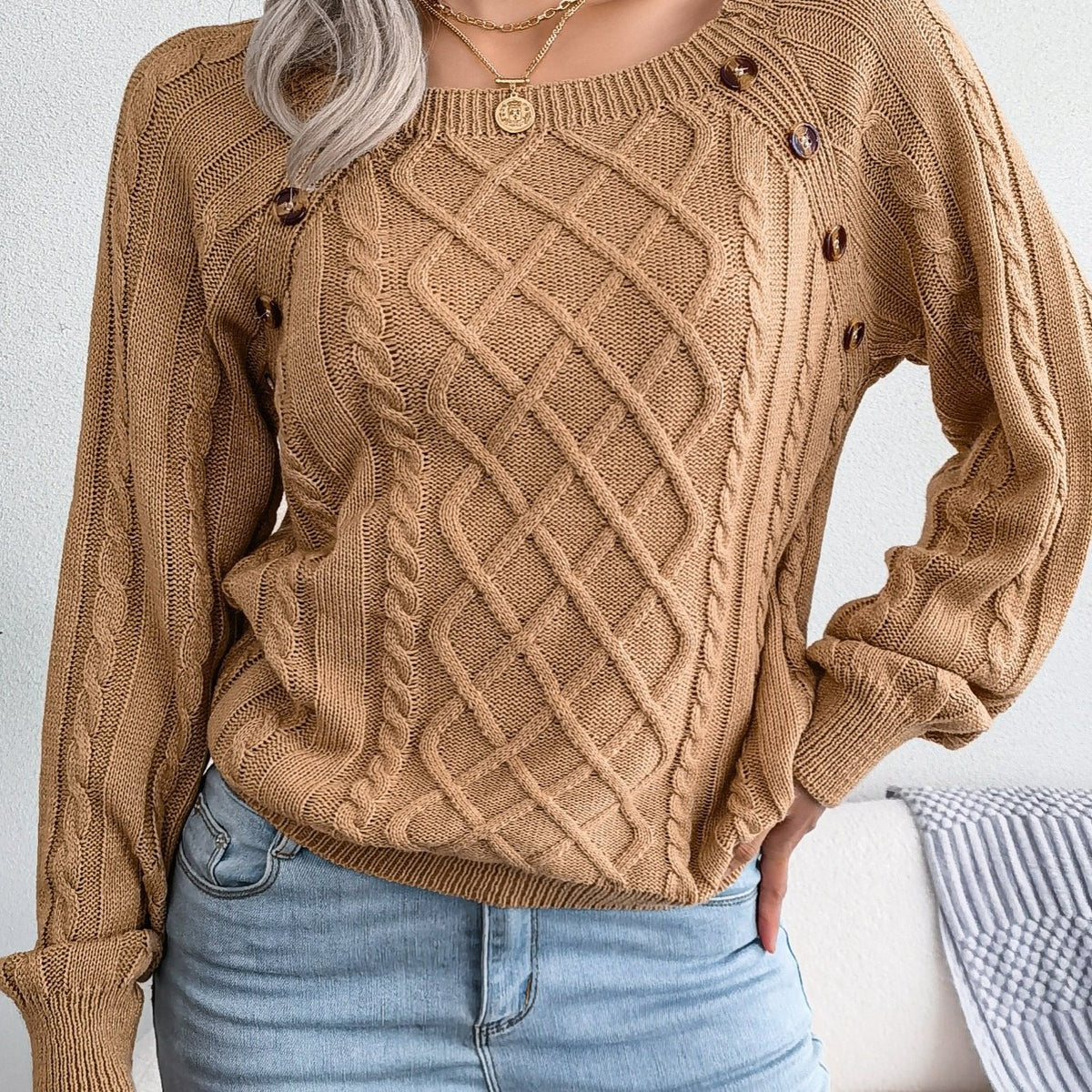 Pull texturé à manches lanternes pour femme – Haut en maille à boutons