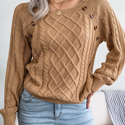 Pull texturé à manches lanternes pour femme – Haut en maille à boutons