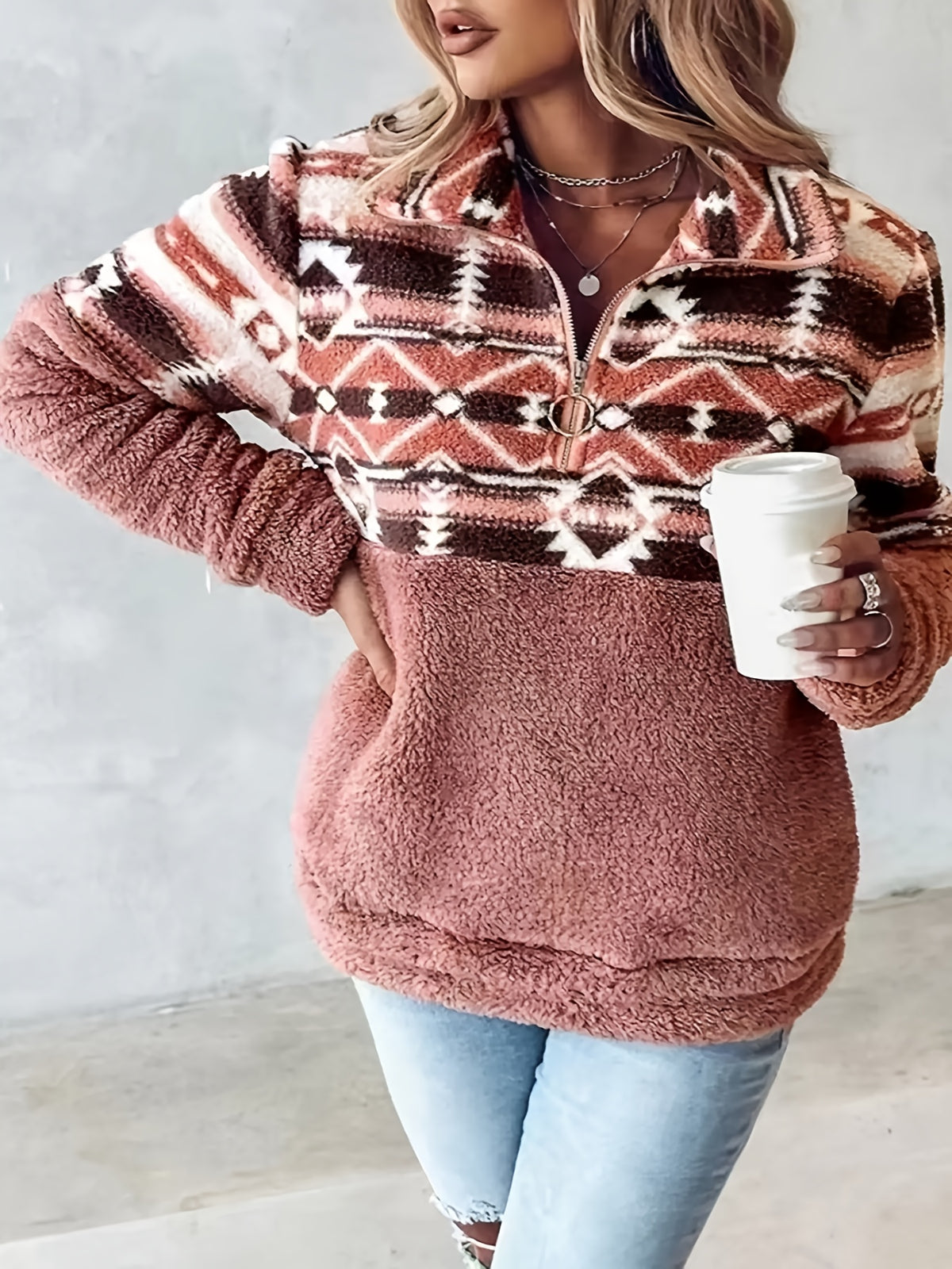 Sweat-shirt Teddy à motif géométrique – Pull polaire demi-zippé pour l'automne et l'hiver
