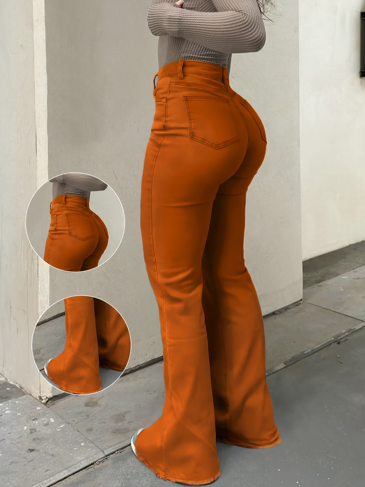 Women’s Vibrant Orange Distressed Flare Jeans – High-Waist Bootcut
