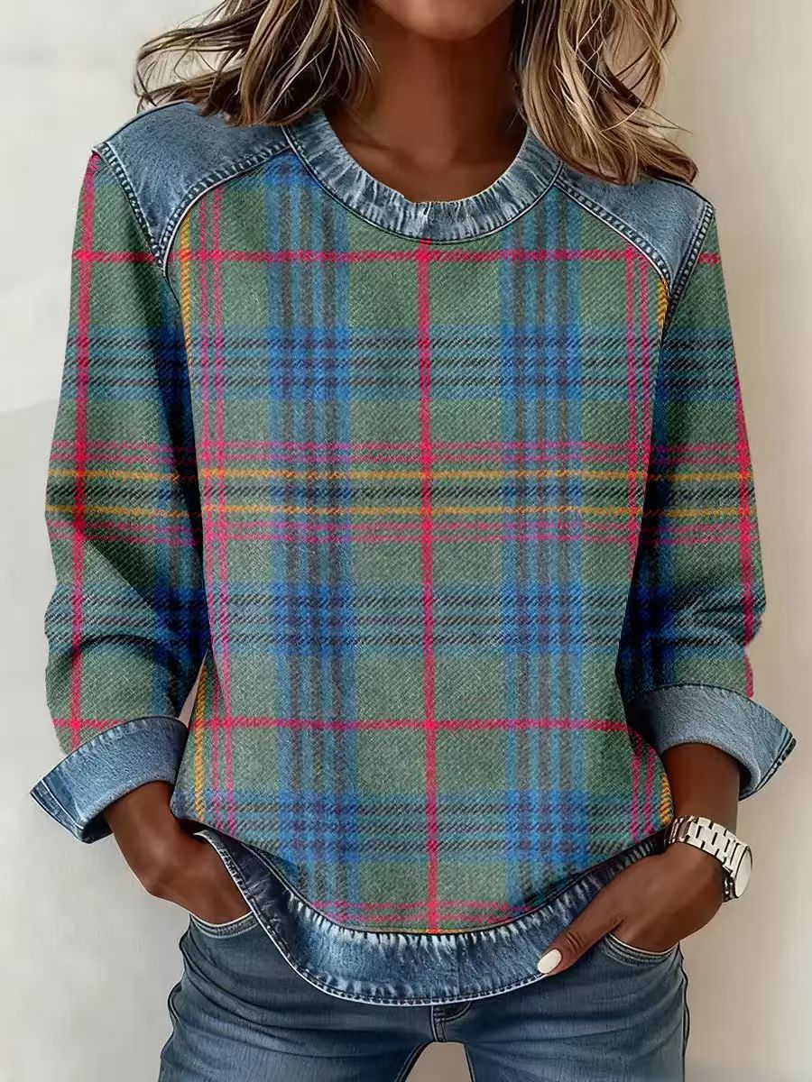 Sweat-shirt en jean patchwork pour femme – Pull ras-du-cou à motif floral
