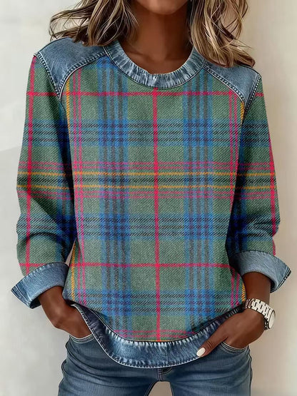 Sweat-shirt en jean patchwork pour femme – Pull ras-du-cou à motif floral