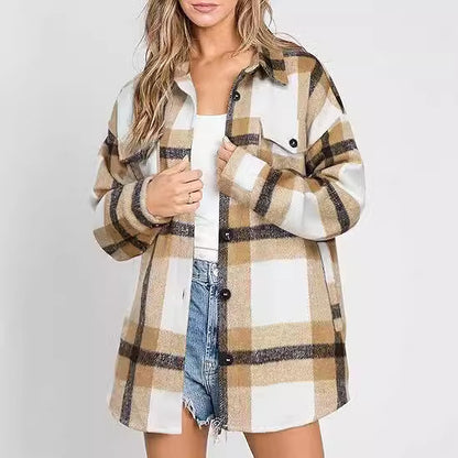 Women’s Plaid Buckle Jacket – Casual Loose Fit Coat