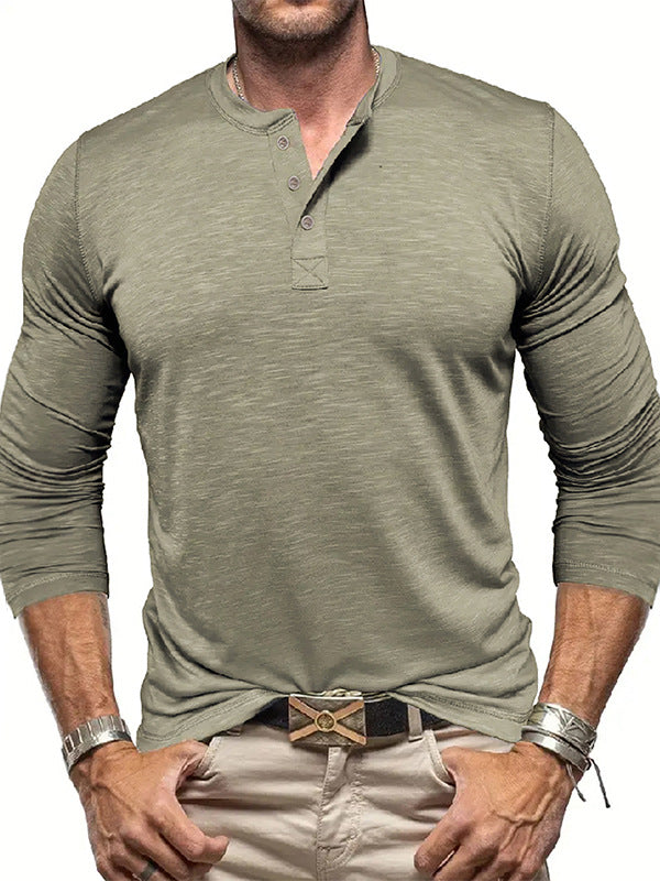 Camisa Henley de manga larga para hombre - Pulóver informal de algodón Slub