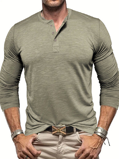 Camisa Henley de manga larga para hombre - Pulóver informal de algodón Slub