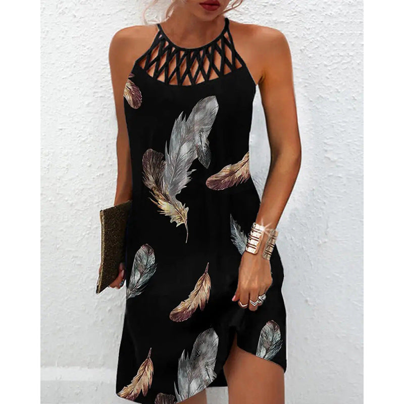 Robe d'été dos nu imprimée – Robe midi trapèze décontractée pour femme