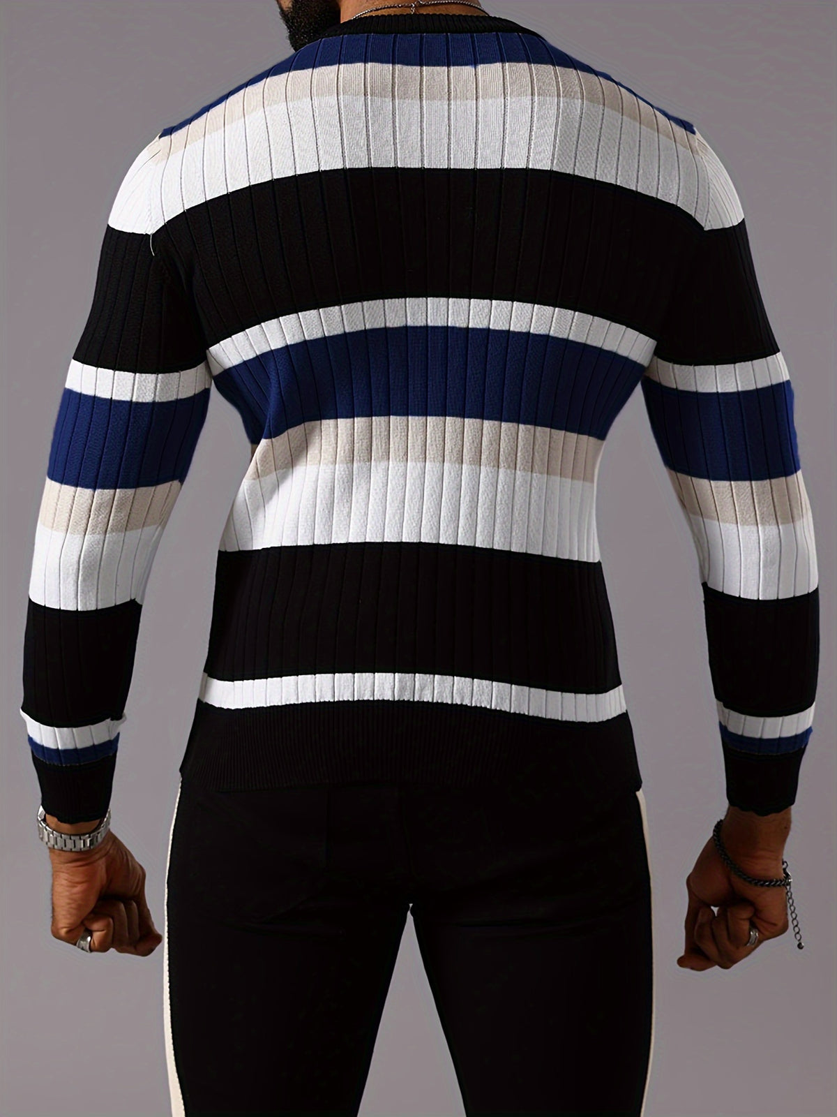 Men’s Striped Ribbed Knit Sweater – Color-Block Fall Winter Pullover