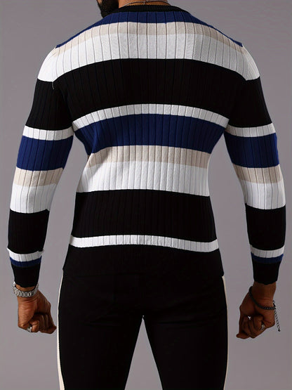 Men’s Striped Ribbed Knit Sweater – Color-Block Fall Winter Pullover