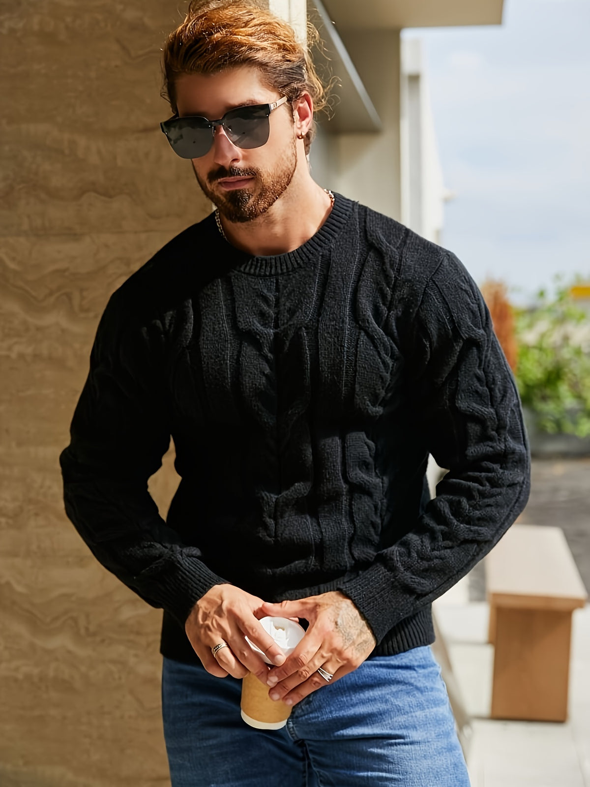 Suéter de punto a rayas para hombre – Suéter suave con cuello redondo y ribete acanalado