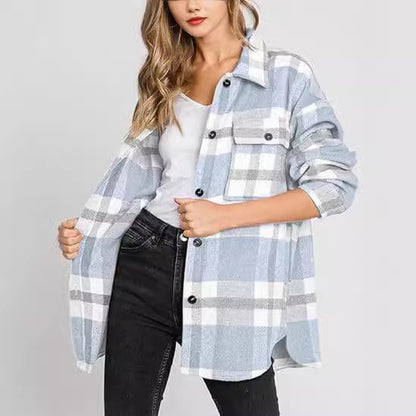 Women’s Plaid Buckle Jacket – Casual Loose Fit Coat