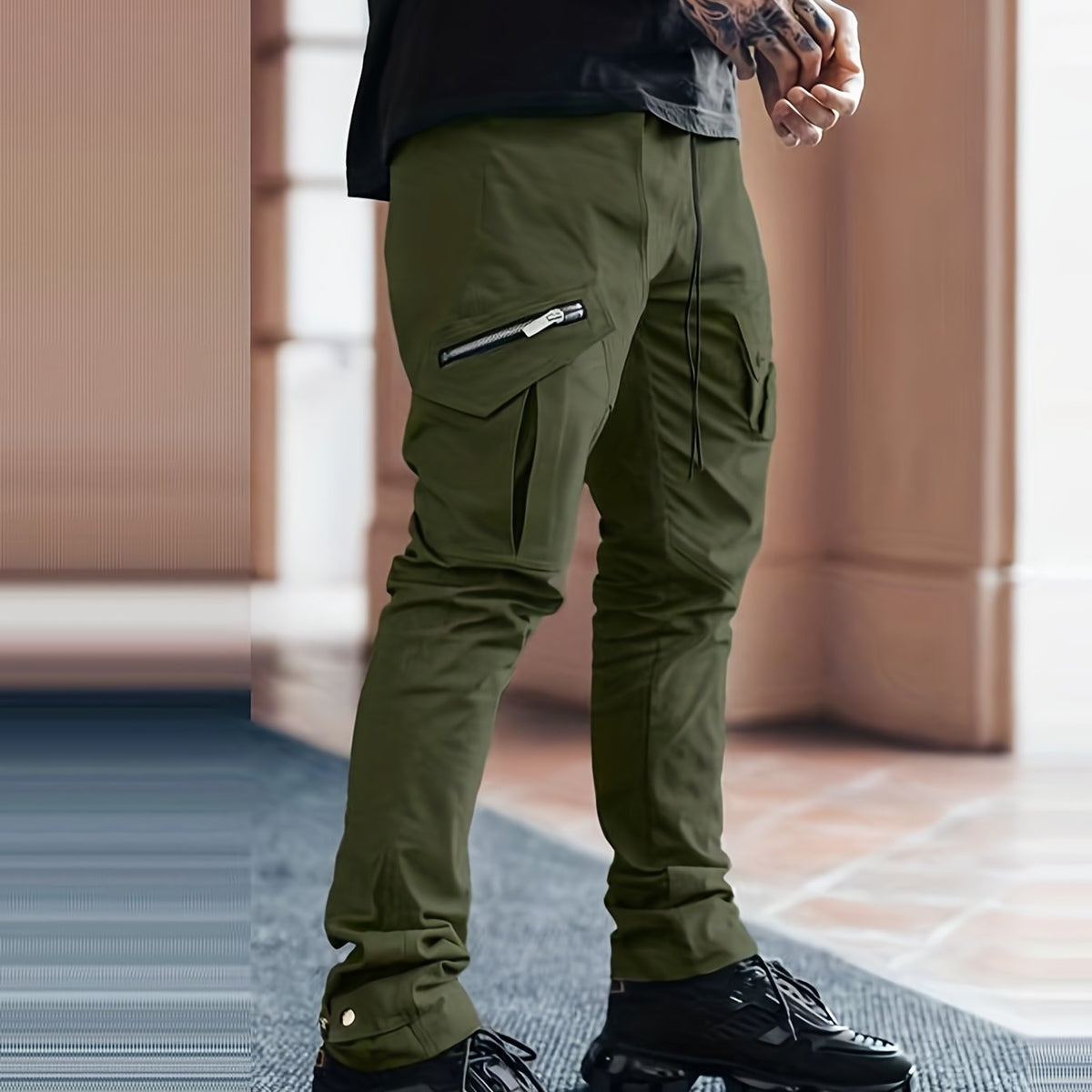 Pantalon cargo noir pour homme – Pantalon streetwear multipoches à cordon de serrage