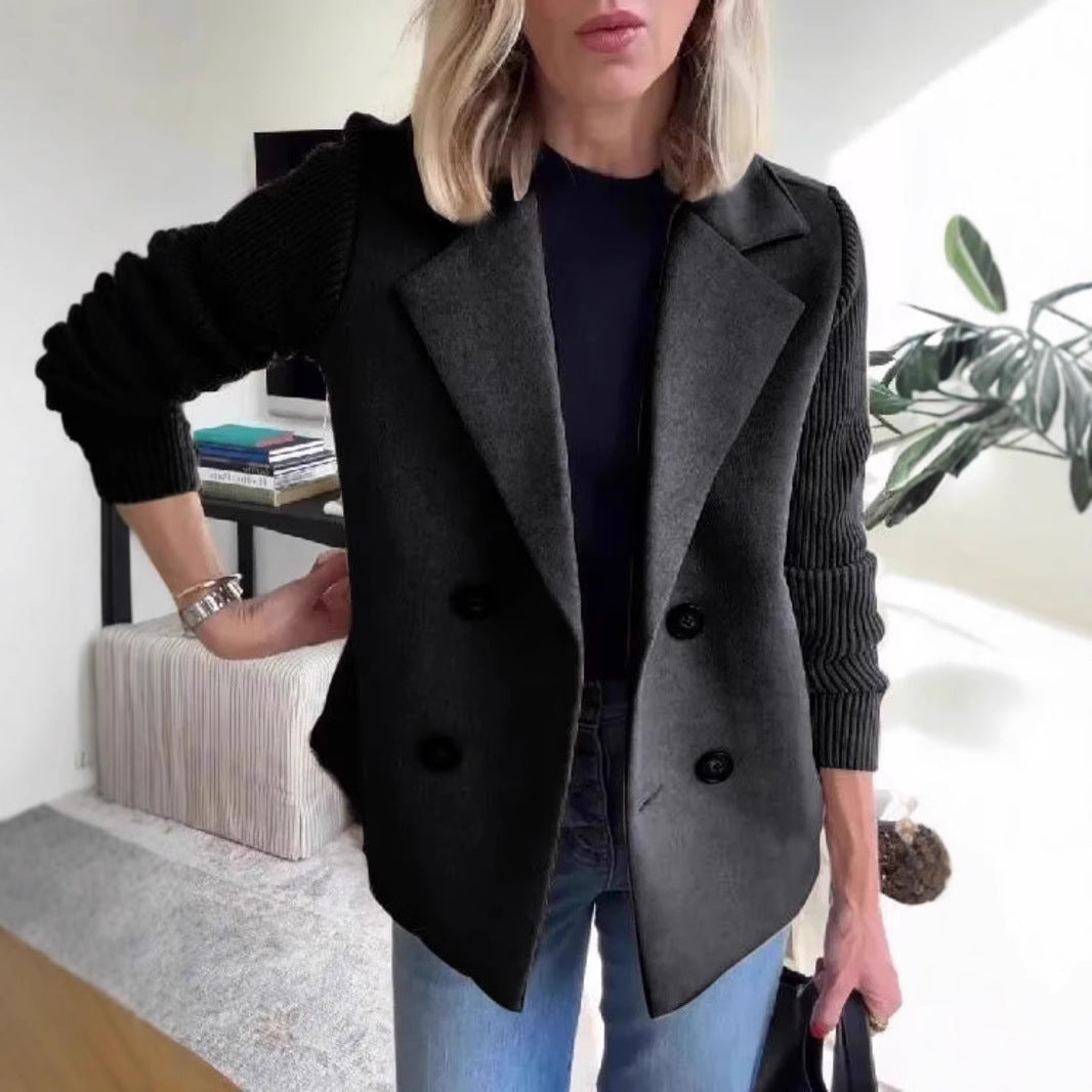 Women’s Double-Breasted Lapel Jacket – Knit Sleeve Spliced Coat