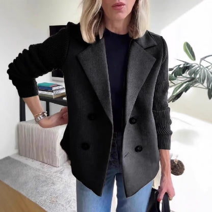 Women’s Double-Breasted Lapel Jacket – Knit Sleeve Spliced Coat