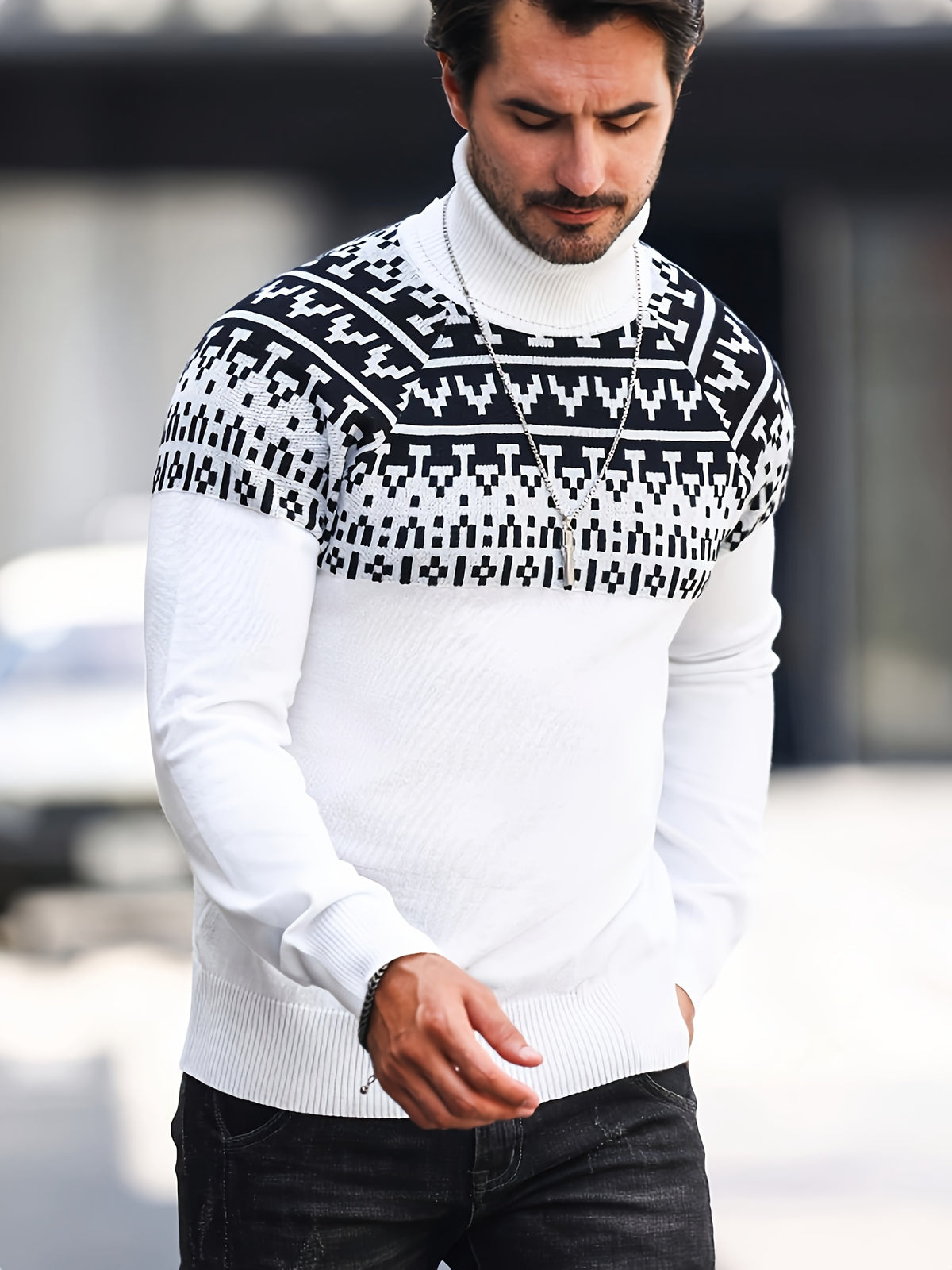 Men’s Geometric Turtleneck Sweater – Casual Knit Pullover for Fall & Winter