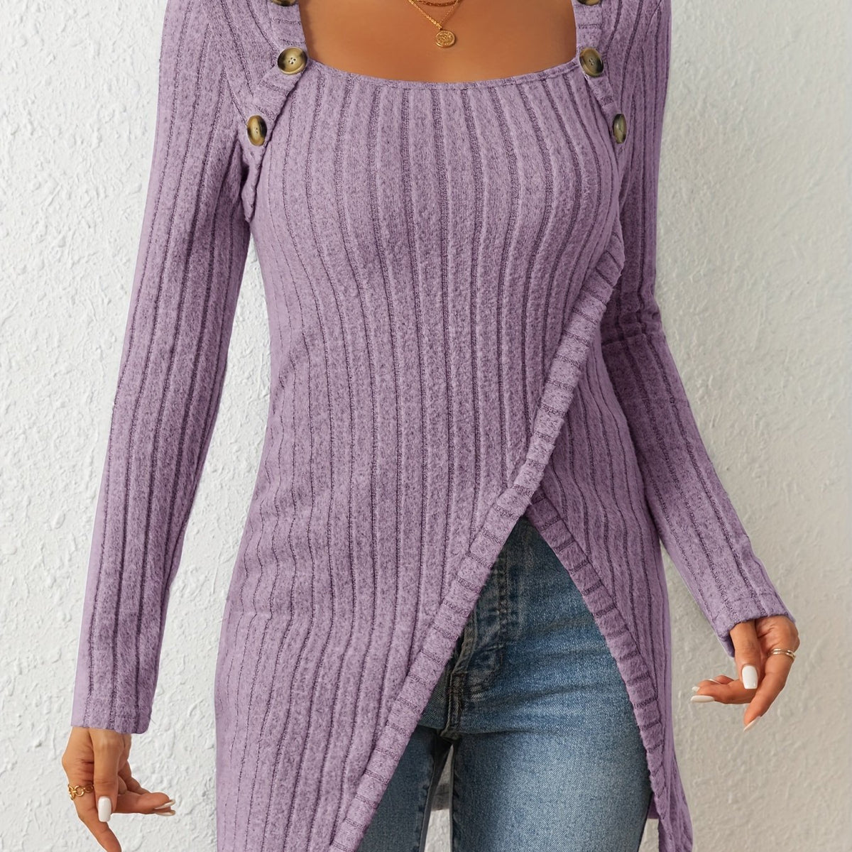 T-shirt en maille ajusté pour femme – Haut à manches longues et col carré