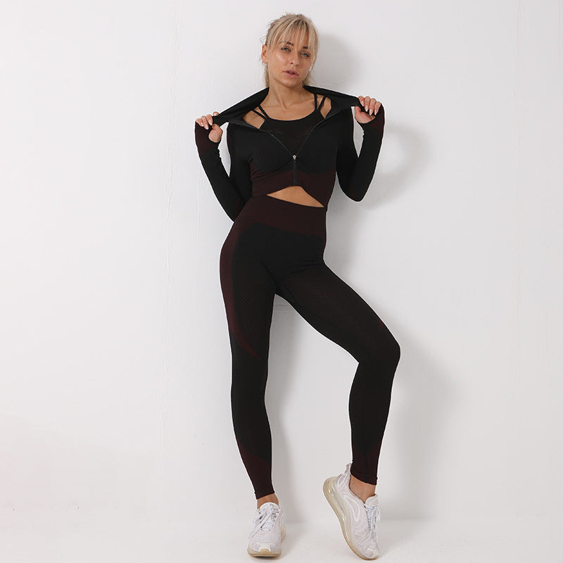 Ensemble de yoga sans coutures 3 pièces Loom & Soul pour femme – Soutien-gorge de sport, crop top et leggings, tenue de sport et de fitness à séchage rapide