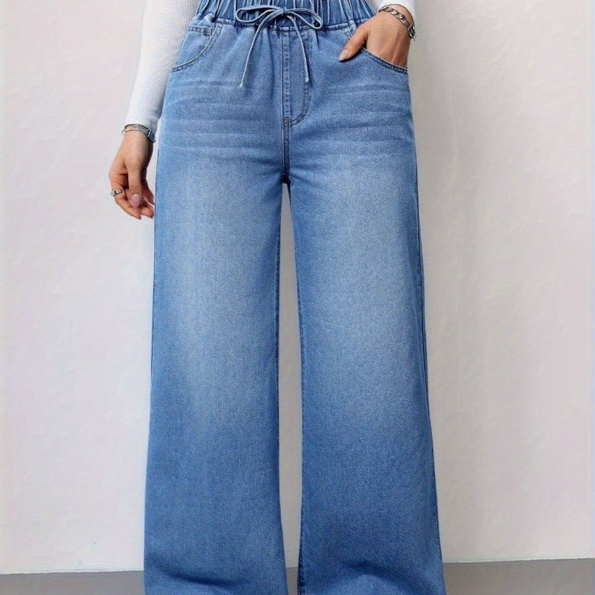 Jean large taille haute pour femme – Denim stretch avec cordon de serrage 2025