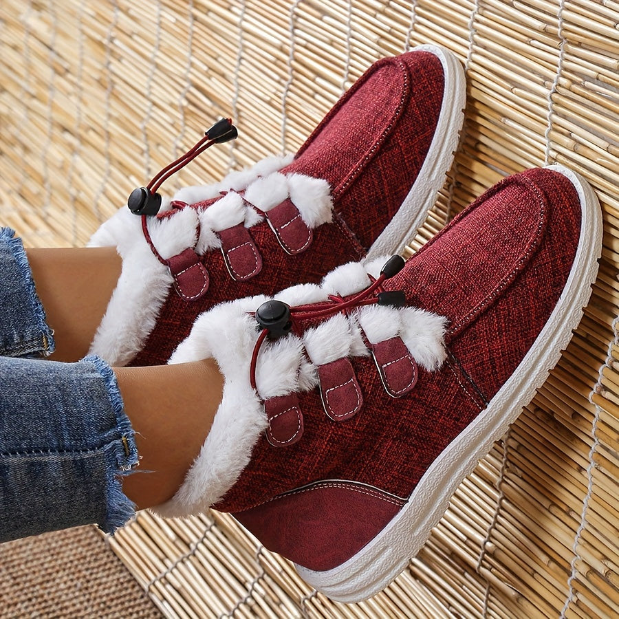 Women’s Faux Fur Slip-On Shoes – Cozy Winter Warm Beige Drawstring Loafers