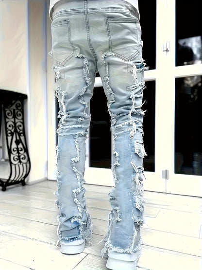 Jean slim homme vieilli – déchirures superposées et patchwork denim urbain