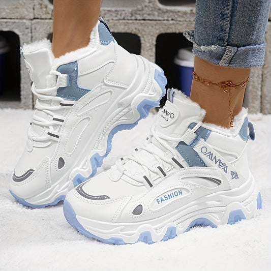 Women’s Cozy Fleece Snow Boots – White & Blue Non-Slip Thick Sole Winter Shoes