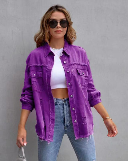 Veste chemise déchirée Loom & Soul pour femme – Haut décontracté ample boutonné pour le printemps et l'automne