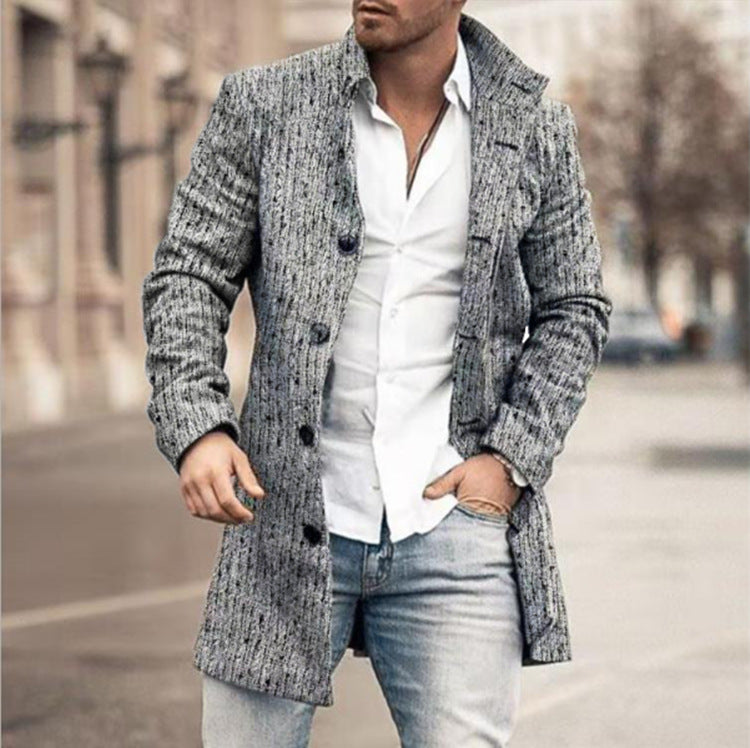 Men’s Printed Wool Trench Coat – Long Sleeve European Style