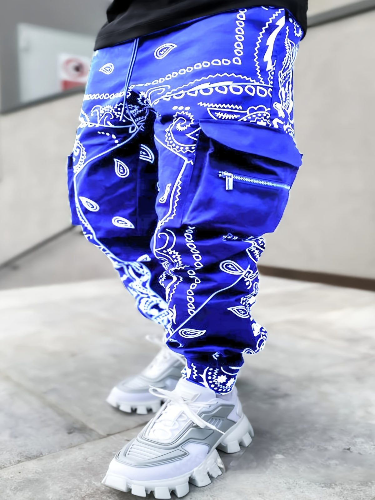 Pantalon cargo de jogging géométrique pour homme – Coupe ample avec poches zippées