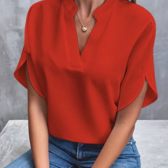 Loom & Soul™ V-Neck Chiffon Blouse – Women’s Elegant Short-Sleeve Summer Top