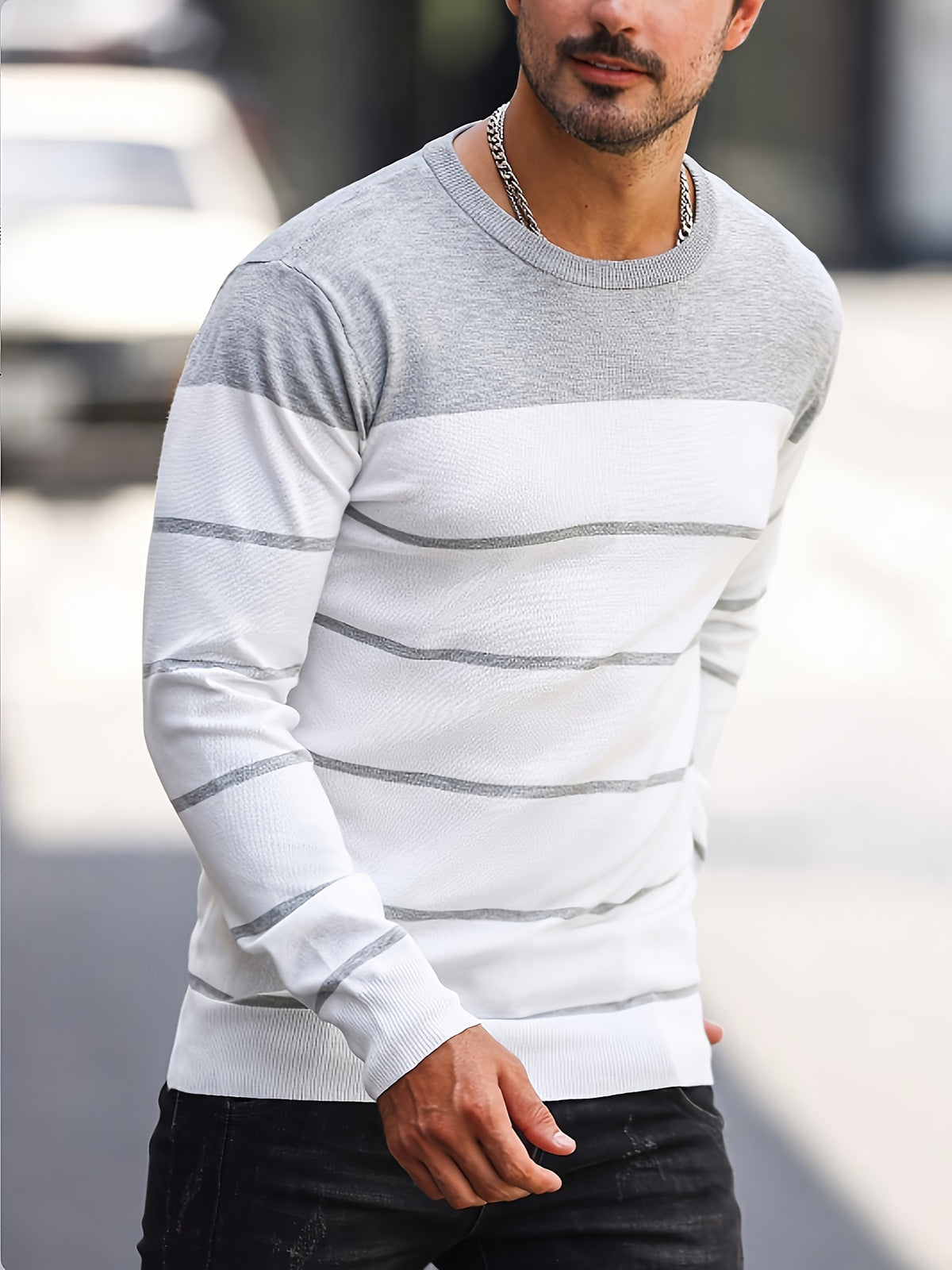 Men’s Navy Striped Knit Sweater – Casual Crew Neck Pullover