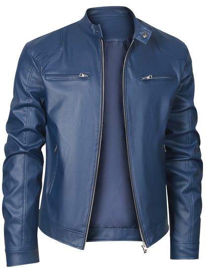 Men’s Windproof PU Jacket – Stand Collar Motorcycle Street Coat