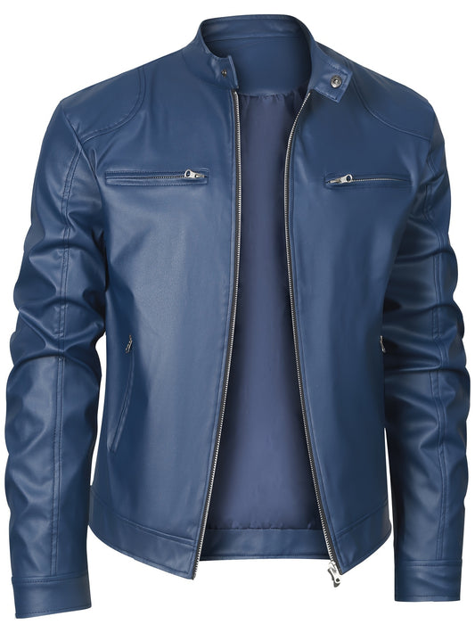 Men’s Windproof PU Jacket – Stand Collar Motorcycle Street Coat