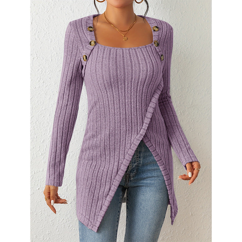 Pull fendu à col carré et épaules dénudées pour femme – Haut en maille élégant